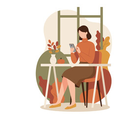 Casual woman sitting with smartphone in an autumnal setting Digital communication and cozy life