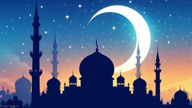 Silhouette of mosque with domes and minarets under a crescent moon and starry night sky