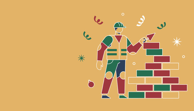 Construction builder laying bricks in festive colors Celebrating progress and industry during the holidays