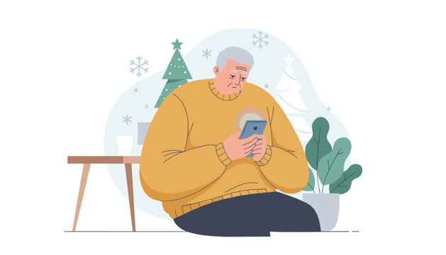 Lonely senior man using smartphone indoors during winter holidays showing sadness and digital isolation