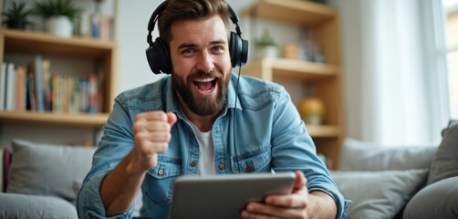 Happy bearded male person wears modern headphones, holds digital tablet at home indoors. Excitedly reacts, cheers loudly, clenches fist in triumph, celebrating virtual game victory. Guy enjoys