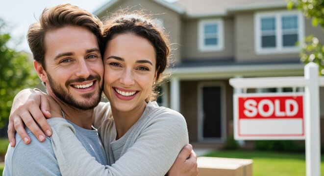 cheerful couple embracing in front of their new home with sold sign on a sunny day