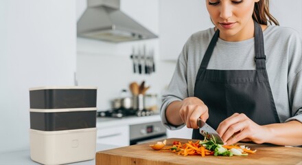 young woman in modern kitchen preparing vegetables on wooden cutting board
