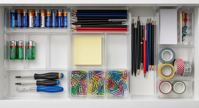organized desk drawer with office supplies including batteries, pens, and colorful paperclips