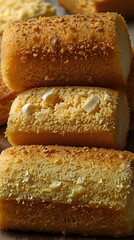 Delicious Twinkies stacked delicately on a wooden table