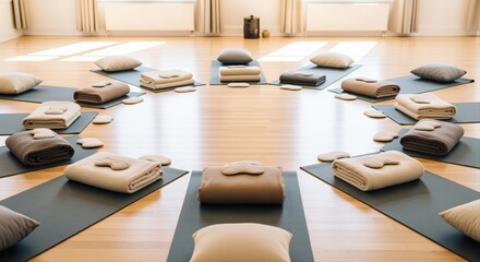 cozy yoga studio with mats and cushions arranged for a relaxing group meditation session