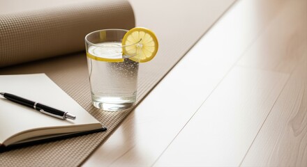 refreshing lemon water beside yoga mat with notebook and pen on wooden floor