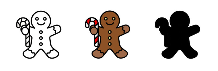 Gingerbread Man Holding a Candy Cane in Three Renderings on White Background