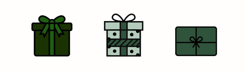 Three decorative gift boxes with bows, ribbons, and patterned wrapping