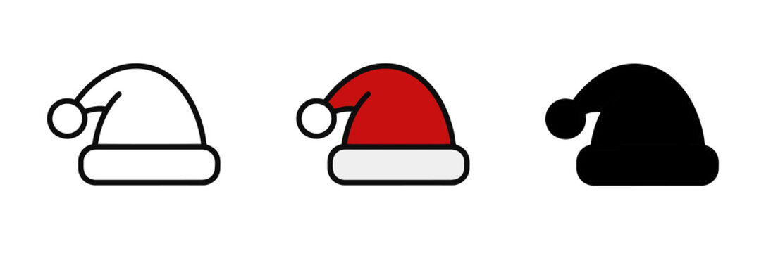 Three Santa Hats Icons in Red, Black, and White for Festive Holiday Graphics