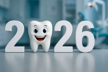 Happy cartoon tooth replacing zero in 2026 digits on dental office background, concept of dentistry goals and healthy smile new year