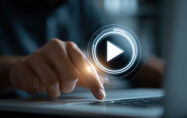 Finger interacts with glowing digital play button overlay on device.