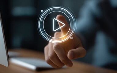 Finger touches glowing digital play button interface element