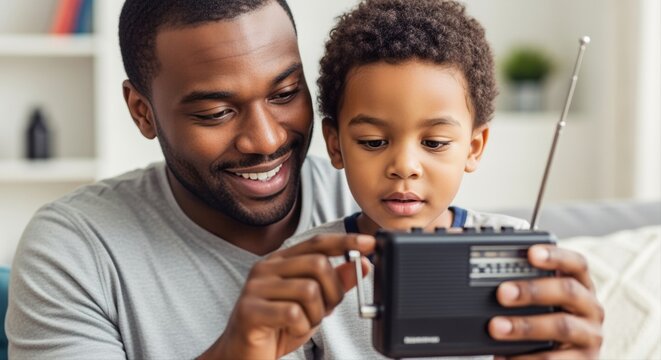 father teaching young son to use retro radio at home, bonding moment in living room