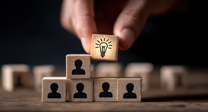 Hand placing idea block atop wooden person blocks symbolizing teamwork. - Powered by Adobe