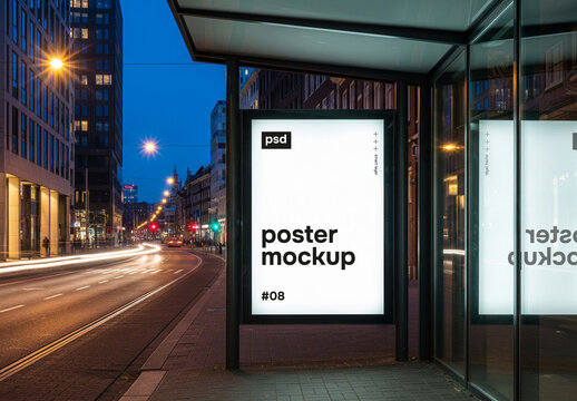 Bus stop billboard mockup at night in modern city