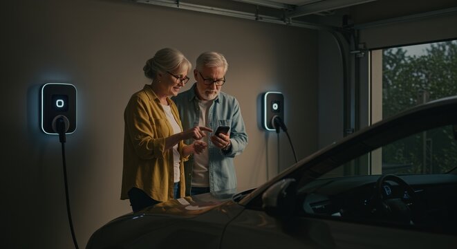 elderly couple using smartphone while electric car charges at home garage connection point