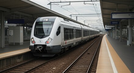 Fototapeta premium modern train at platform on overcast day in city rail station illustrating urban commute