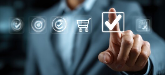 Finger selecting a glowing checkmark icon on a digital interface.