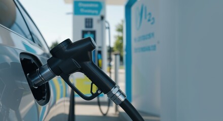 close-up of car refueling at hydrogen station, emphasizing clean energy technology and innovation
