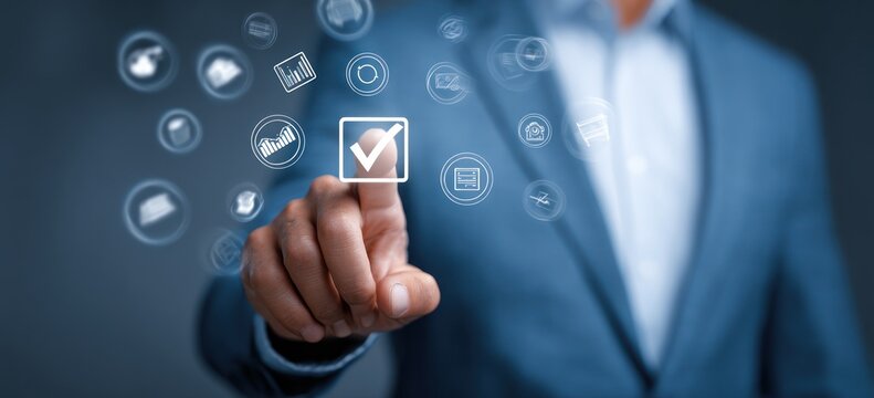 Businessman finger touching digital check mark on interface screen. - Powered by Adobe