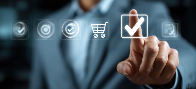 Finger selecting a glowing checkmark icon on a digital interface. - Powered by Adobe