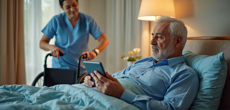 Senior man relaxes in bed, using digital tablet. Nurse brings wheelchair, preparing patient for transport. Elderly man receives professional healthcare assistance from compassionate caregiver. Modern
