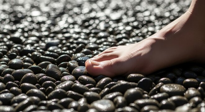 barefoot person walking on smooth pebbles at sunny beach reflecting sunlight
