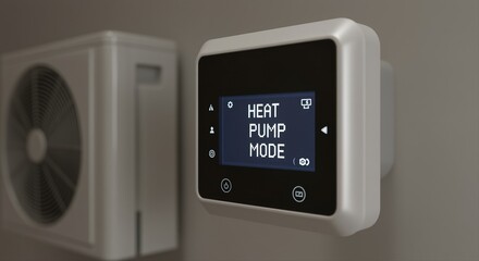 Fototapeta premium modern heat pump thermostat displaying heat pump mode in a minimalist home interior