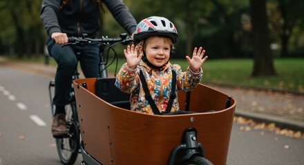 young child enjoying a cargo bike ride with adult on a peaceful autumn road
