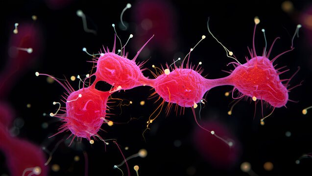 Microscopic pink cells with tendrils and yellow spheres organic