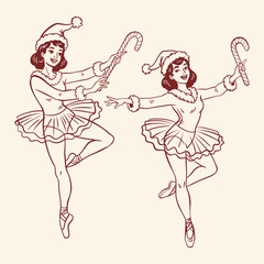 elegant ballerina in Christmas festive style with a candy cane, vintage ballet dancer character sketch