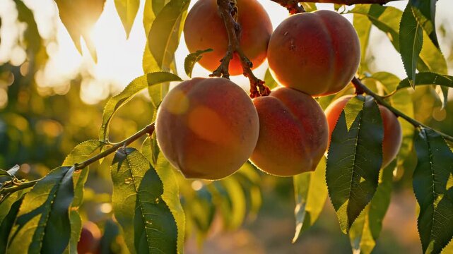 Ripe Peaches Hanging from Branch in Sunlit Orchard