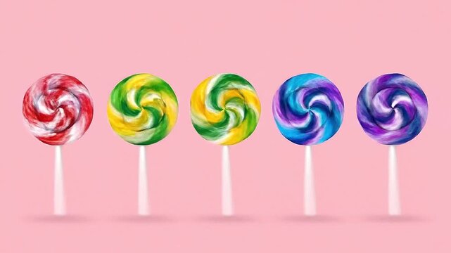 A row of vector lollipops spinning, vibrant colors, minimalist, flat art.