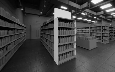 Dark mode 3D supermarket gondola end end cap mock-up background render © Neo3Design