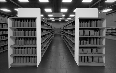 Dark mode 3D supermarket gondola end end cap mock-up background render © Neo3Design