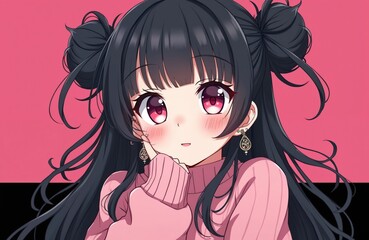 Anime girl with black hair and pink background. Illustration shows a cute female character in a pink sweater. She has big eyes and adorable expression.