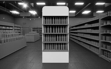 Dark mode 3D supermarket gondola end end cap mock-up background render © Neo3Design
