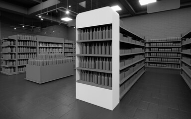 Dark mode 3D supermarket gondola end end cap mock-up background render © Neo3Design