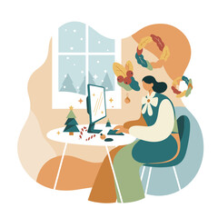 Remote work during winter holidays Woman uses computer in a festive home office illustration