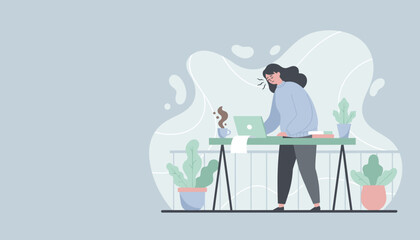 Unwell woman struggles to work remotely from home office due to illness or burnout concept