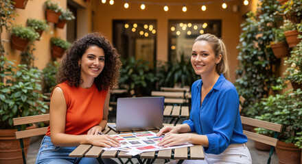 Collaboration session for content planners at a small studio reviewing print layouts and social media calendars for product launches and seasonal offers for agency and event newsletters