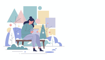 A sad woman checks business data on a tablet in a winter park setting Digital work illustration