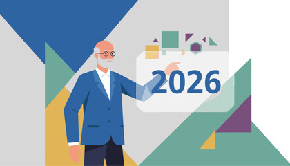 Senior professional pointing to a transparent screen with 2026 Business forecast and future vision