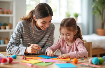 Happy mother helps little daughter with art craft project. Family creates colorful paper applique at home table together. Woman and child enjoy creative hobby activity indoors.