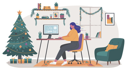 Remote worker busy at her desk in a festive decorated home office for Christmas