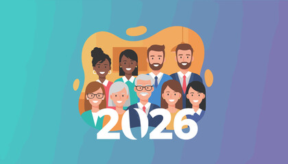 Smiling diverse business team portrait under year 2026 Future planning and successful leadership