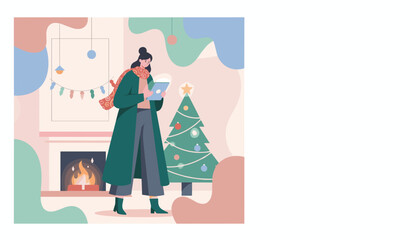 Woman shopping online via tablet by a fireplace and Christmas tree during the winter holidays