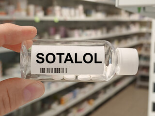 Box of SOTALOL tablets on a hospital pharmacy table used to treat irregular heart rhythms a beta...