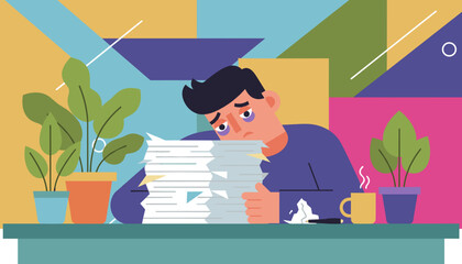 Burnout Tired employee overwhelmed by excessive workload and deadlines at the office desk